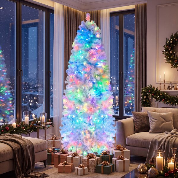 Costway Albero natalizio sottile base pieghevole in metallo controllabile da app e telecomando, Albero di natale illuminato 190cm