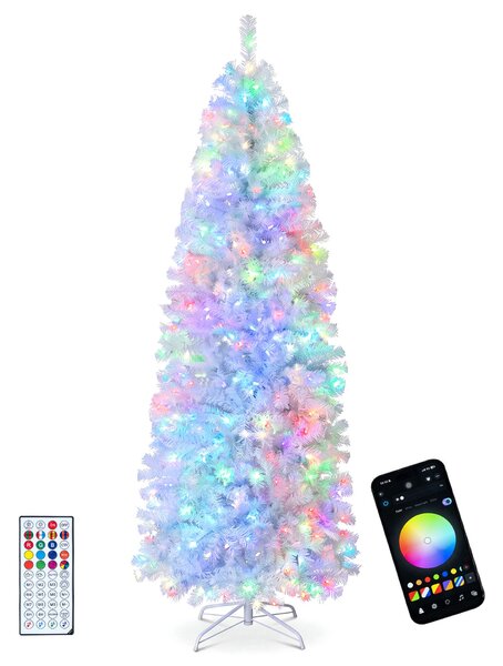 Costway Albero natalizio sottile base pieghevole in metallo controllabile da app e telecomando, Albero di natale illuminato 225cm