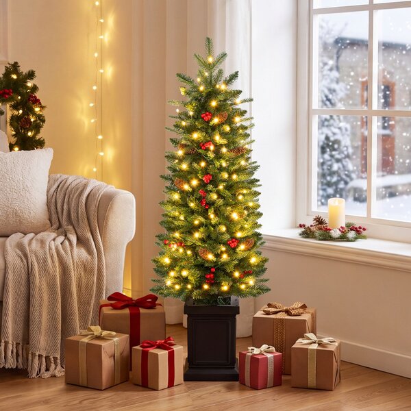 Costway Albero di natale slim 120 cm con 100 luci led e vaso quadrato per casa e negozio, Albero di natale artificiale con 376 rami realistici