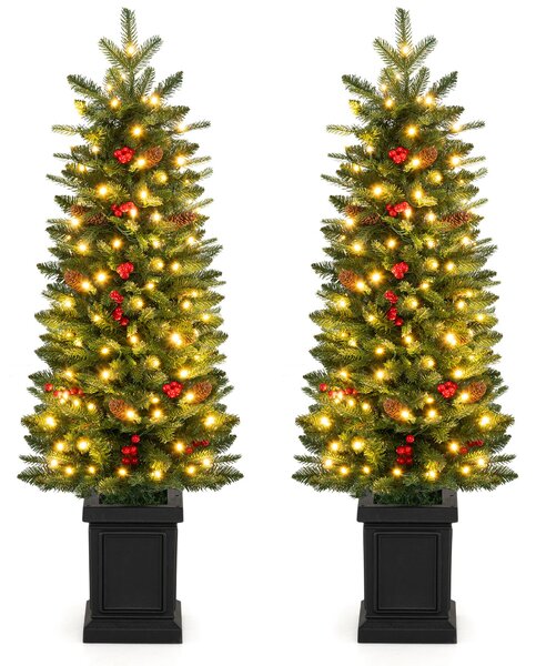 Costway Albero di natale slim 120 cm con 100 luci led e vaso quadrato per casa e negozio, Albero di natale artificiale con 376 rami realistici