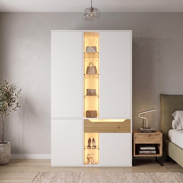 Armadio con illuminazione a LED, cabina armadio con vetrina in vetro e appendiabiti, mobile alto con cassetto e ripiani, dimensioni 122x50x200 cm, colore bianco, materiale MDF