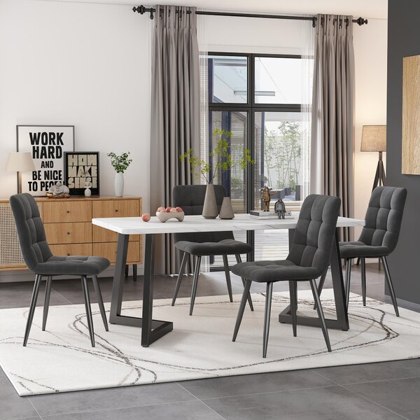 Set tavolo Fortuna Lai da 117 cm con 4 sedie, tavolo rettangolare. Set tavolo da cucina moderno, sedie da pranzo grigio scuro in velluto, gambe del tavolo nere