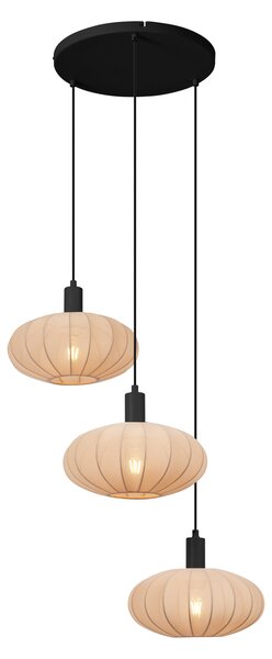 Lampada a sospensione Japandi nera con paralume in tessuto marrone a 3 luci - Bida