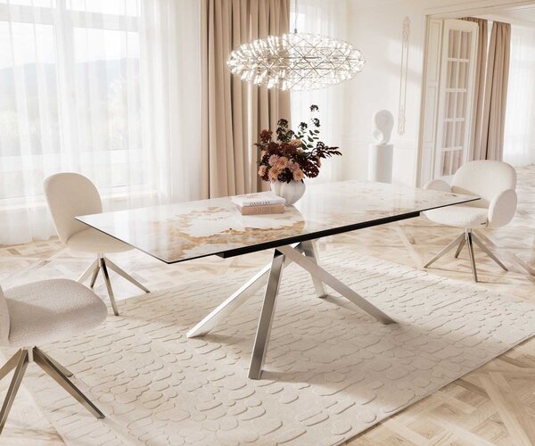 Tavolo da pranzo DELIFE Edge 180-220x100 Vetroceramica Minas Melange Bianco-Beige Telaio a croce Rettangolare Acciaio inossidabile Allungabile