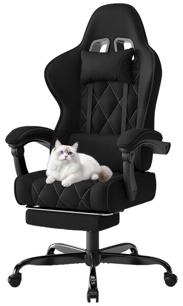 Sedia da gaming Devoko, rivestita in tessuto, ergonomica, con funzione massaggio e poggiapiedi, cuscino imbottito con molle indipendenti, regolabile fino a 135°, traspirante, ideale per l'ufficio domestico o la stanza da gioco, colore nero