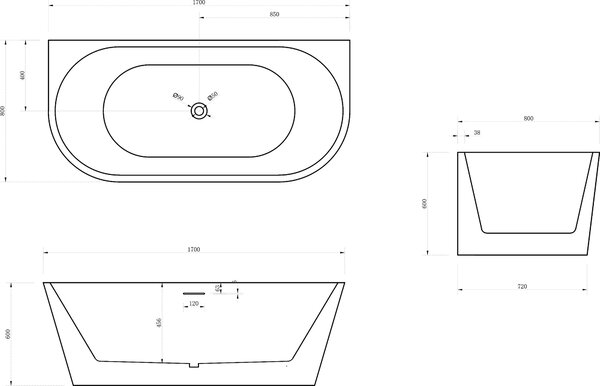 Vasca da bagno freestanding NOVA - Acrilico - Bianco - 170 x 80 x 60 cm - Superficie a scelta, colore: bianco opaco
