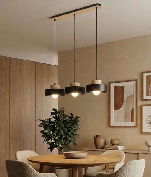 Lampadario a Sospensione KIVI 3 in Acciaio e Legno 3xE27