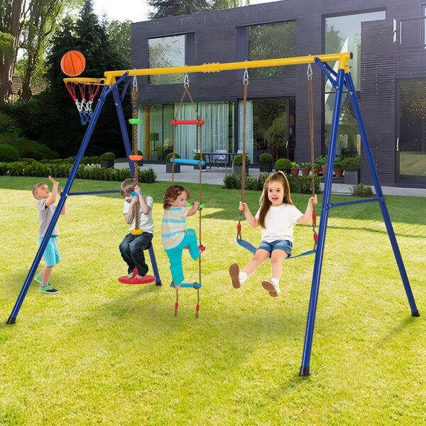 Costway Set altalena per bambini con canestro basket altalena regolabile disco con corda, Set altalena portata 300kg Giallo
