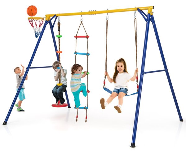 Costway Set altalena per bambini con canestro basket altalena regolabile disco con corda, Set altalena portata 300kg Giallo