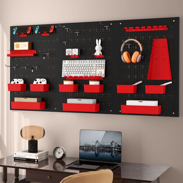 Costway Scaffale porta componenti con 9 contenitori, Organizzatore da parete con pannello forato Rosso