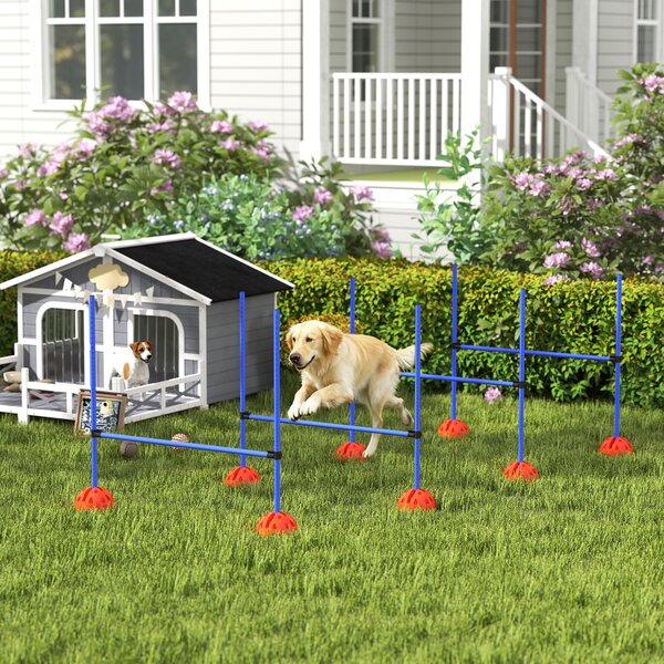 PawHut Set Agility per cani con 4 ostacoli e borsa da trasporto per allenamento salti, 124x19,5x103 cm, Blu | Aosom Italy