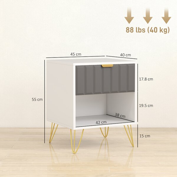 HOMCOM Comodino con vano aperto, cassetto e maniglia, tavolino con gambe in acciaio, 45x40x55 cm, bianco | Aosom Italy