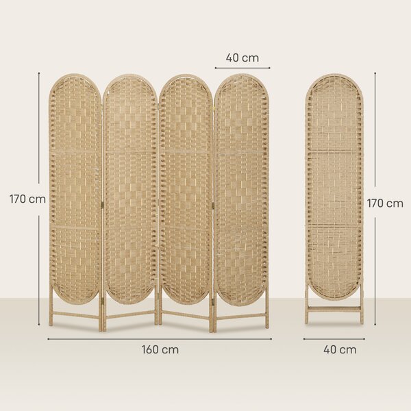 HOMCOM Paravento Pieghevole Separatore di Ambienti 4 Pannelli con Parte Superiore Ad Arco, 160x1.8x170 cm, Legno naturale | Aosom Italy