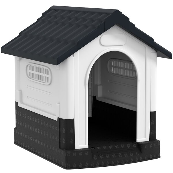 PawHut Cuccia per Cani Mini da Esterno in Plastica con 3 Finestre Base Rialzata e Tetto Inclinato, 64,5x57x66 cm, Grigio scuro | Aosom Italy