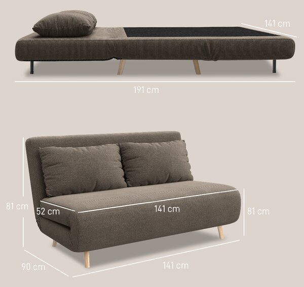 HOMCOM Divano letto con schienale regolabile in 3 posizioni, ciniglia a coste e fino a 120 kg, 141x90x81 cm, Marrone scuro | Aosom Italy