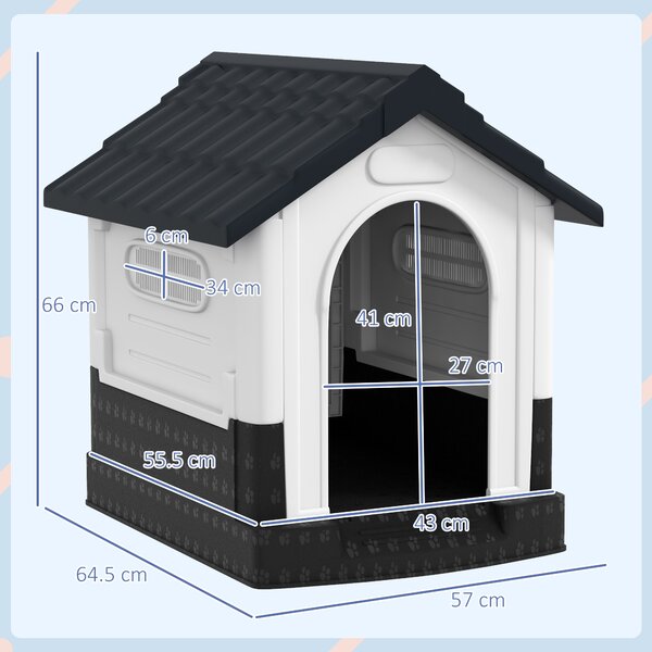 PawHut Cuccia per Cani Mini da Esterno in Plastica con 3 Finestre Base Rialzata e Tetto Inclinato, 64,5x57x66 cm, Grigio scuro | Aosom Italy