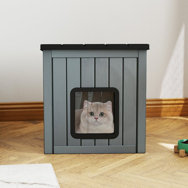Costway Cuccia rifugio isolato per interni ed esterni con 2 porte in pvc e tetto inclinato, Cuccia per animali domestici per gatti Grigio