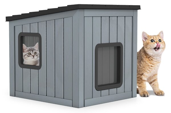 Costway Cuccia rifugio isolato per interni ed esterni con 2 porte in pvc e tetto inclinato, Cuccia per animali domestici per gatti Grigio