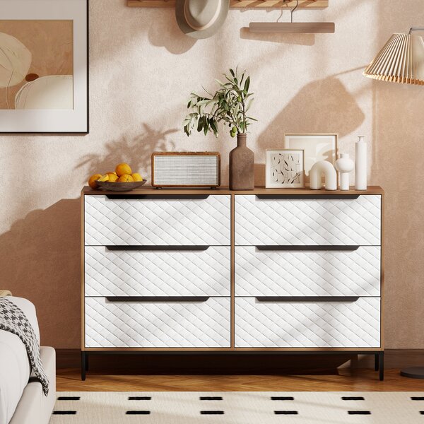 HOMCOM Cassettiera con 6 cassetti con motivo a diamante, cabina armadio in tessuto Frontali, 117.5x30x73.5 cm, Legno naturale | Aosom Italy