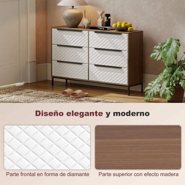 HOMCOM Cassettiera con 6 cassetti con motivo a diamante, cabina armadio in tessuto Frontali, 117.5x30x73.5 cm, Legno naturale | Aosom Italy