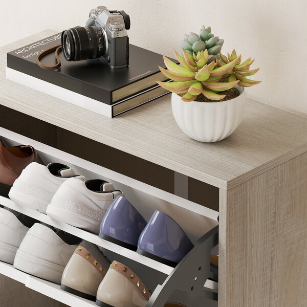 HOMCOM Scarpiera a 3 Ante per 18 Paia Scarpe, Ribaltabili Scarpiera Ingresso, 62,5x26x117,5 cm, Rovere e Bianco | Aosom Italy
