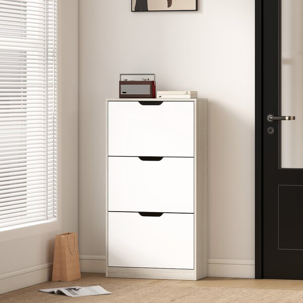HOMCOM Scarpiera a 3 Ante per 18 Paia Scarpe, Ribaltabili Scarpiera Ingresso, 62,5x26x117,5 cm, Rovere e Bianco | Aosom Italy