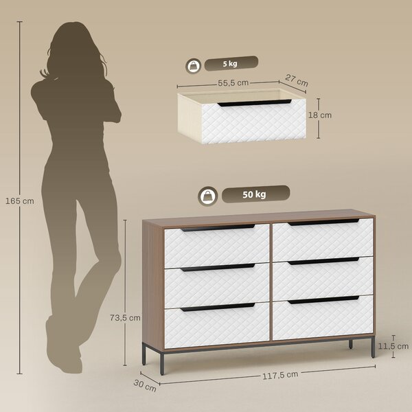 HOMCOM Cassettiera con 6 cassetti con motivo a diamante, cabina armadio in tessuto Frontali, 117.5x30x73.5 cm, Legno naturale | Aosom Italy
