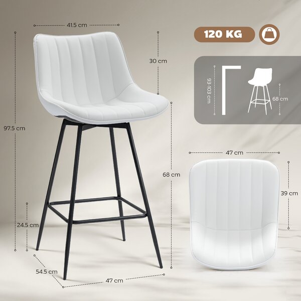 HOMCOM Set di 2 sgabelli da bar con schienale e poggiapiedi, sedie girevoli 360° rivestite in pelle sintetica, 47x54.5x97.5 cm, Bianco | Aosom Italy