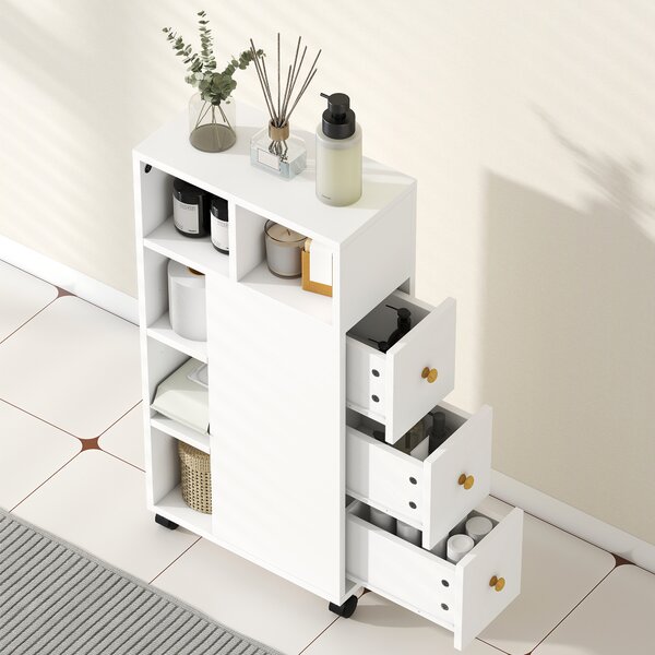 HOMCOM Mobile da bagno stretto con 4 ruote, 3 cassetti e 5 scomparti aperti, 20x40x80 cm, Bianco | Aosom Italy