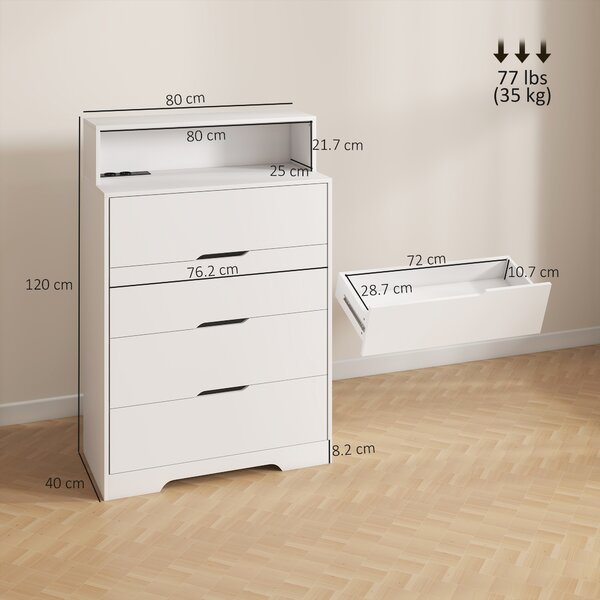 HOMCOM Cassettiera per Camera da Letto con Ripiano Aperto e Stazione di Ricarica, Porta USB e Porta USB-C, 80x40x120 cm, Bianco | Aosom Italy