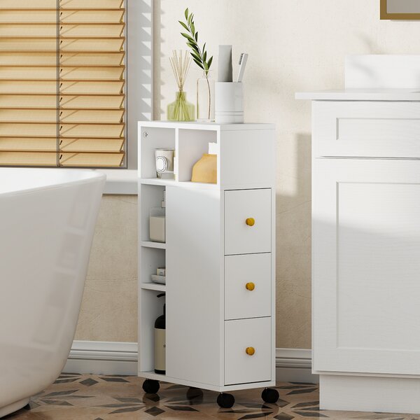 HOMCOM Mobile da bagno stretto con 4 ruote, 3 cassetti e 5 scomparti aperti, 20x40x80 cm, Bianco | Aosom Italy