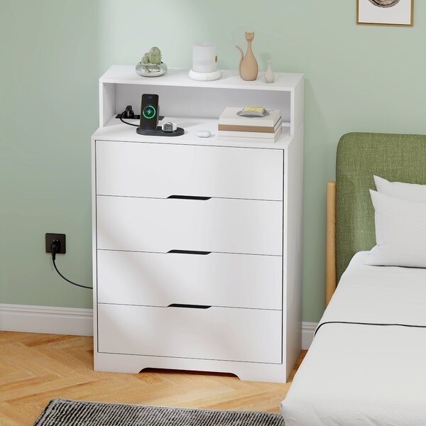 HOMCOM Cassettiera per Camera da Letto con Ripiano Aperto e Stazione di Ricarica, Porta USB e Porta USB-C, 80x40x120 cm, Bianco | Aosom Italy