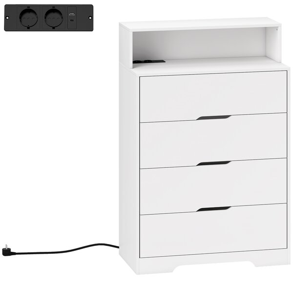 HOMCOM Cassettiera per Camera da Letto con Ripiano Aperto e Stazione di Ricarica, Porta USB e Porta USB-C, 80x40x120 cm, Bianco | Aosom Italy