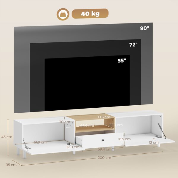 HOMCOM Mobile TV con 2 sportelli ribaltabili, scomparto aperto e cassetto, in pannello truciolare, 200x35x45 cm, Bianco | Aosom Italy