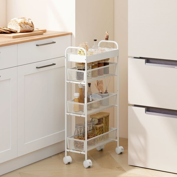 HOMCOM Carrello da cucina con 3 cesti e 4 ruote per cucina, soggiorno e bagno, in metallo, 43,2x19x80 cm, Bianco | Aosom Italy