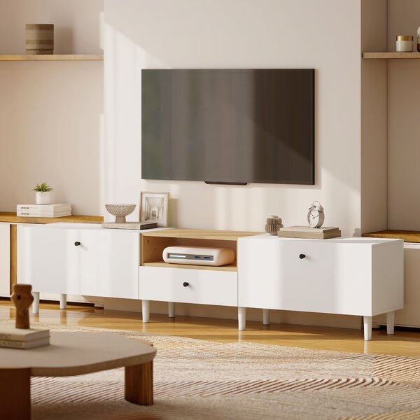 HOMCOM Mobile TV con 2 sportelli ribaltabili, scomparto aperto e cassetto, in pannello truciolare, 200x35x45 cm, Bianco | Aosom Italy