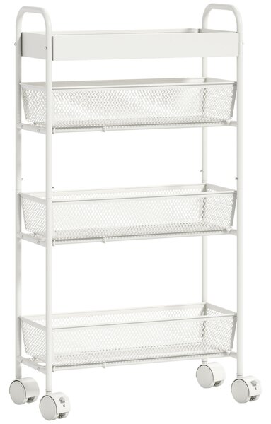 HOMCOM Carrello da cucina con 3 cesti e 4 ruote per cucina, soggiorno e bagno, in metallo, 43,2x19x80 cm, Bianco | Aosom Italy