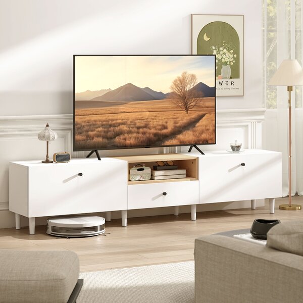 HOMCOM Mobile TV con 2 sportelli ribaltabili, scomparto aperto e cassetto, in pannello truciolare, 200x35x45 cm, Bianco | Aosom Italy