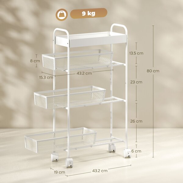 HOMCOM Carrello da cucina con 3 cesti e 4 ruote per cucina, soggiorno e bagno, in metallo, 43,2x19x80 cm, Bianco | Aosom Italy