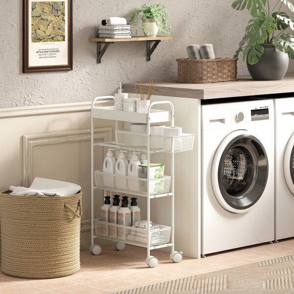 HOMCOM Carrello da cucina con 3 cesti e 4 ruote per cucina, soggiorno e bagno, in metallo, 43,2x19x80 cm, Bianco | Aosom Italy