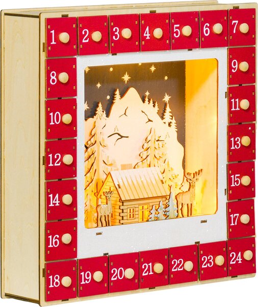 Calendario dell'Avvento HOMCOM con decorazioni natalizie, 24 cassetti con luci LED, MDF