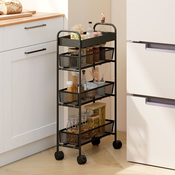 HOMCOM Carrello portaoggetti a 4 livelli su ruote con 3 cestini estraibili, 19x43,2x80 cm, nero | Aosom Italy
