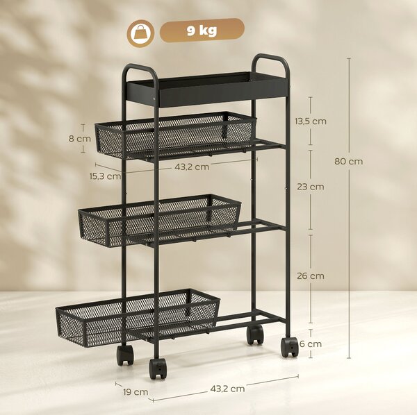 HOMCOM Carrello portaoggetti a 4 livelli su ruote con 3 cestini estraibili, 19x43,2x80 cm, nero | Aosom Italy