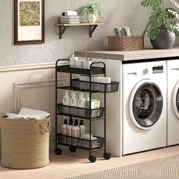 HOMCOM Carrello portaoggetti a 4 livelli su ruote con 3 cestini estraibili, 19x43,2x80 cm, nero | Aosom Italy