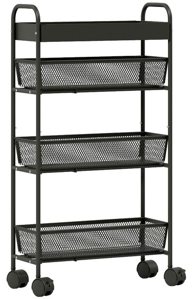 HOMCOM Carrello portaoggetti a 4 livelli su ruote con 3 cestini estraibili, 19x43,2x80 cm, nero | Aosom Italy