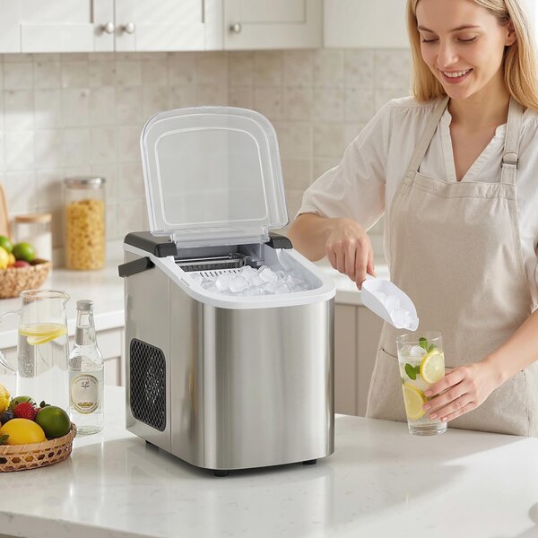 HOMCOM Macchina Ghiaccio 12kg in 24 Ore, 9 Cubetti in 7-10 Minuti di 2 Dimensioni, con Sistema Autopulente, Argento | Aosom Italy