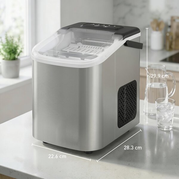 HOMCOM Macchina Ghiaccio 12kg in 24 Ore, 9 Cubetti in 7-10 Minuti di 2 Dimensioni, con Sistema Autopulente, Argento | Aosom Italy