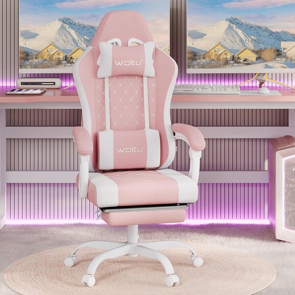 Sedia da gaming WOLTU con funzione massaggio, sedia da computer con cuscino a molle, sedia girevole ergonomica con cuscino per la testa, cuscino lombare, poggiapiedi, rivestimento in rete, rosa e bianco, modello GS15rsw