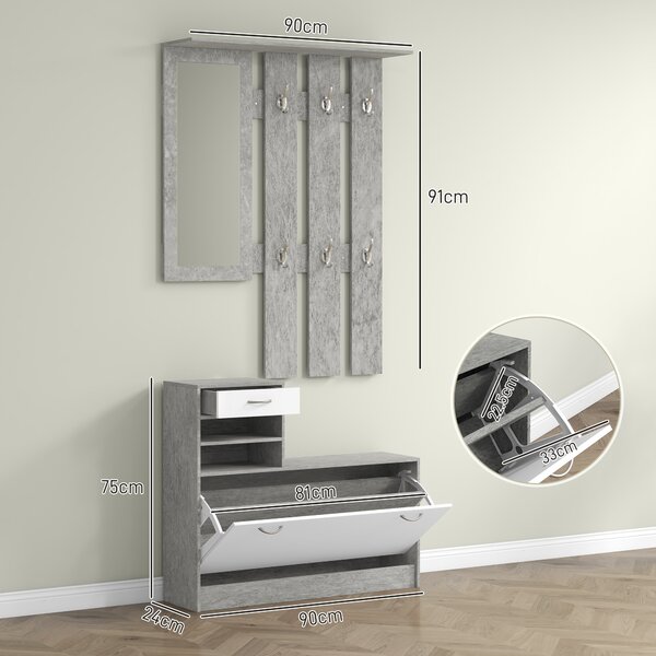 HOMCOM Set Mobile da Ingresso con Appendiabiti a 6 Ganci, Mobile Scarpiera con Cassetto e Specchio, Grigio
