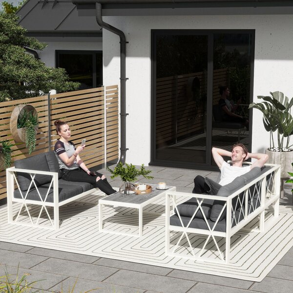 Outsunny Salotto da Giardino Angolare con Poltrona Reclinabile, 2 Divanetti con Cuscini e Tavolino, Grigio